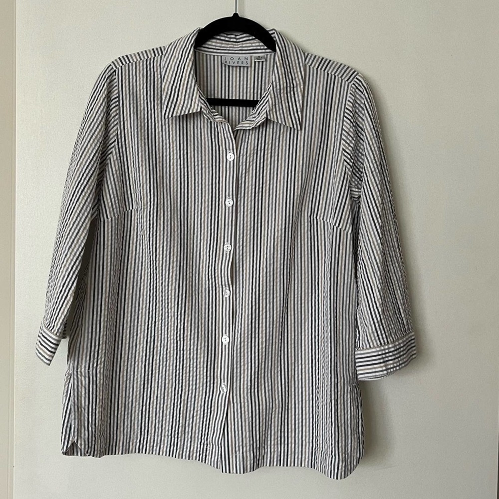 LAST CALL - Joan Rivers Striped Textured Button Down 3/4 Length Sleeve sz M